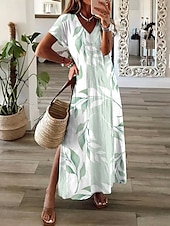 abordables Robes fleuries-Femmes Robe maxi Robe Décontractée Robe d&#039;Été Robe trapèze Élégant Vacances Occasionnel Fête Plage Coupe régulière A Ombre Fleuri Graphique Manche Courte Col en V Vert Claire Bleu Ciel Été Printemps
