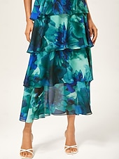 olcso Elegáns virágos ruhák-női esküvői vendégbuli maxi sifon ruha v nyakú, lenge többszínű, virágmintás, sötétzöld, vintage elegáns, egy vonalú, többszínű, fodros, tortaszoknya, derékban szűkített, rugalmas hátrészű ruha