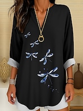 abordables Animaux Tops-Femmes Chemisier Graphique Animal Libellule Bohème ancien Tropical manche longue Col en V Hauts Réguliers Quotidien Fête Tenue de plage Imprimé Noir Blanche Rouge Bleu Violet Été Printemps