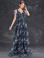 economico BLU-Abiti Quinceanera A-Line abito elegante formale lungo senza maniche scollatura a V in chiffon con stampa floreale