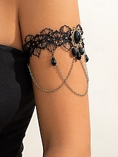 billige Halloween-tilbehør-Armbånd i gotisk blonde til dame med anheng og kjeder i svart edelsten, armbånd i vintage steampunk-stil til Halloween-kostymefest eller cosplay-tilbehør