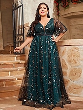 billiga GRÖN-A-Linje Kvällsklänning Elegant Klänning Formell Bröllop Golvlängd Kort Ärmm V-Neck Tyll med Fällningar