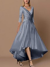 abordables Longitud del té-Vestido A-Line dorado para la madre de la novia invitada de boda elegante con cuello en v asimétrico largo hasta el tobillo satén de manga corta con pliegues drapeados a los lados tamaño a medida