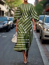 abordables Robe Rayée et Géométrique-Femmes Robe Midi Robe fourreau ancien Occasionnel Robes semi-formelles Coupe régulière Graphique Géométrique Manche 3/4 Col ras du cou Magenta Colourful Vert cendré Vert Été Printemps Automne