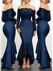 billige Gjestekjoler til bryllup-Havfrue  Trompet Bryllups Gjest Kjoler Elegant Kjole Bryllups Gjest Forlovelse Asymmetrisk Lange Ermer Off Shoulder Lace med Rysjer