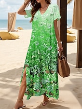 cheap Floral Dress-Women&#039;s Maxi Dress Casual Dress Sundress A Line Dress Elegant Vacation Casual Beach Regular Fit Ombre Floral Graphic Short Sleeve V Neck Magenta Red Blue Purple Summer Spring