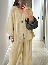 abordables Ensembles chemisiers pour femmes-Femmes Quotidien Basique Ensembles de Pantalons manche longue Col en V Uni Occasionnel Quotidien Noir bleu marine Fuchsia Été énorme
