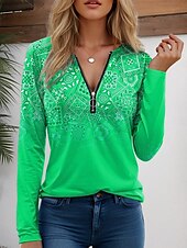 abordables T-shirt Boho-Femmes T-shirt Graphique Dégradé de couleur ancien Moderne Occasionnel manche longue Col en V Hauts Réguliers Quotidien Week-end Fermeture éclair Imprimé Rouge Bleu Violet Vert Été Printemps