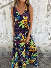 abordables Robes fleuries-Femmes Robe maxi Robe trapèze Robe Nuisette Vacances Occasionnel Boho Extérieur Sortir Coupe régulière Fleuri Sans manches Col en V Bleu Abricot Beige Été