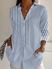economico Top a Righe e Geometrici per Donne-Per donna Camicia A righe Attivo Quotidiano Elegante Manica Lunga Colletto a Camicia Top Regolari Quotidiano Ferie Bottoni Stampato Blu Viola Verde Cachi Grigio Primavera Autunno
