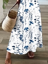 abordables Robes fleuries-Femmes Robe maxi Robe Décontractée Robe d&#039;Été Robe trapèze Élégant Vacances Occasionnel Fête Plage Coupe régulière Fleuri Graphique Manche Courte Col en V Blanche bleu marine Été Printemps