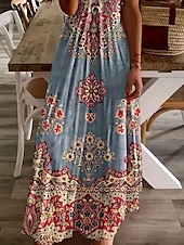 tanie Sukienki boho-Damskie Sukienka maxi Codzienne sukienki Sukienka A line Letnie sukienki Elegancja Urlop Zabytkowe Regularny Kwiaty Graficzny W Tureckie Wzory Krótki rękaw Dekolt w kształcie litery U Jasnozielony