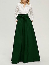 baratos Comprimento do chão-vestido formal preto e branco, linha A, vestido-camisa para mãe da noiva, elegante, simples e minimalista, gola estilo camisa, comprimento até o chão, renda elástica, tafetá, manga comprida com