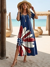 olcso Függetlenség napi ruha-Függetlenség Napja Női Hazafias Negyedik Juliusi Maxi Ruha Hosszú Ujjú Boho Ruha Elegáns Vintage Pillangó Ujjú Üdülés Tengerpart Rendszeres Illeszkedés Zászló Vintage Rövid Ujjú Csónak Nyakú Kék Nyár