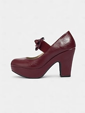 abordables Années 1950-Escarpins Mary Jane bordeaux à plateforme et nœuds pour femme – Chaussures rétro à talons hauts épais des années 1950 pour fêtes, cosplay et tenues d&#039;inspiration vintage