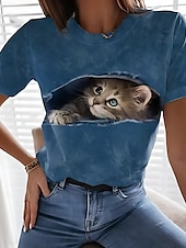 abordables T-shirt Animaux-Femmes T-shirt Graphique Animal Chat ancien Élégant Classique Manche Courte Col ras du cou Col rond Hauts Réguliers Quotidien Week-end Imprimé Noir Blanche Bleu Dorée Vert Été Printemps