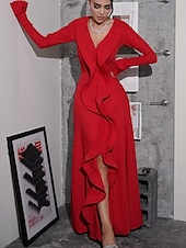 preiswerte ROT-Meerjungfrau  Trompeten Abendkleid Elegantes Kleid Formale Hochzeit Bodenlang Langarm V-Ausschnitt Stretch-Crêpe mit Rüschen