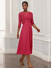 abordables Avec veste-Robe 2 pièces Sheath  Colonne Mère de la mariée Robe Élégante Simple Col bijou Longueur genou Tissu extensible Veste à manches 3/4 Robes avec appliques brodées