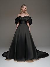 baratos Champanhe-Vestido de Festa em A-Line Gola Alta Vestido Elegante Formal para Casamento Cauda de Corte Sem Mangas Ombros à Mostra Cetim Stretch com Pregas e Ruchado