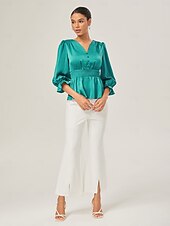 abordables Chemises et blouses-élégant chemisier cintré en satin vert lac