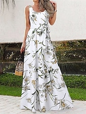 preiswerte Druck Blumen Kleider-Damen Langes Kleid Maxikleid Freizeitkleid Schwingkleid Sommerkleid Unterkleid Elegant Mode Modern Täglich Strand Wochenende Normale Passform Blume Ärmellos Rundhalsausschnitt Schwarz und Wei