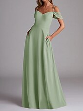 baratos Vestidos para Madrinhas-Vestido de Madrinha A-Line Alça Fina Manga Curta Elegante Comprimento Total Chiffon com Cor Sólida 2025