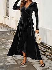 abordables Robe blanche-Femmes Robe maxi Robe Portefeuille Robe trapèze Occasionnel Quotidien Coupe régulière Uni manche longue Col en V Noir Rouge Vert Automne Hiver