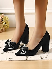 olcso Block Heels-női fekete velúr blokk sarkú, hegyes orrú, strasszos masnival díszített, elegáns és kényelmes alkalmi randevúkra és mindennapi viseletre.