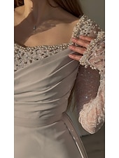 preiswerte Sekt-Meerjungfrau/Trompete Abendkleid Galakleid mit abnehmbarem Überrock formelles Kleid Stretch-Crêpe Hochzeit bodenlang Langarm quadratischer Ausschnitt Spitze mit Falten Perlen Pailletten Spitze 2025