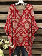 olcso Női Boho Felsők-Női Blúz Grafika Mértani Elegáns Szüret Napi Rövid ujjú Denevérujj Terített nyak Normál felsők Napi Szabadság Strandruházat Rubin Medence Narancssárga Nyár Tavasz