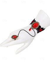 billige Halloween-tilbehør-gotisk blonderarmbåndsring satt med rød edelsten, vintage kjedehåndsmykke til halloweenfest, cosplay og antrekk i retrostil