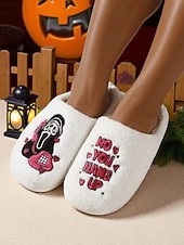 baratos Para mulheres-Pantufas femininas felpudas com estampa de fantasma de Halloween - sapatos confortáveis de casa de terror bordados com design &quot;não desligue&quot; para temporadas assustadoras, festas e roupas de lazer
