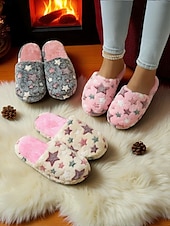 cheap Women&#039;s Slippers &amp; Flip-Flops-Women&#039;s Fuzzy Star Print Indoor Slippers – Cozy Faux Fur Winter House Shoes for Living Room, Bedroom &amp; Holiday Mornings