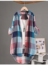 tanie Koszule-Damskie Szałat Wygodny Oddychający Guziki Nadruk Codzienny Kratka Urlop Ulica Codzienny Dzienne zużycie Guziki jednorzędowe Długie Wieczorne Regularny Długi rękaw Odzież wierzchnia Czarny i biały