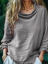 billige Kvinne Enkle Topper-Dame Bluse Helfarge Daglig Fritid Langermet Cowl-hals Vanlige topper Daglig Drapering Svart Rosa Blå Fuksia Grå Sommer Vår