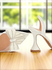 economico tacchi kitten-Scarpe con tacco a spillo bianche da donna con cinturino posteriore e fiocco di perle - décolleté trasparenti con punta affilata per un appuntamento romantico o per eleganti outfit quotidiani