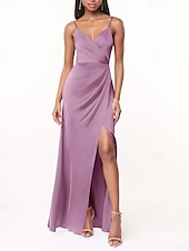 cheap Bridesmaid Dresses-A-Line Bridesmaid Dress V Neck / Spaghetti Strap Sleeveless Elegant Floor Length Charmeuse with Split Front / Ruching