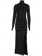 abordables Robe Simple-Femmes Robe Longue Maxi Robe Moulant Robe froncée Mode Classique Vacances Quotidien Fête Coupe régulière Uni manche longue Col roulé Noir Automne