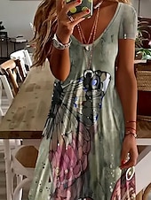 preiswerte Kunst &amp; Design Kleider-Damen Maxikleid Freizeitkleid A Linie Kleid Sommerkleid Elegant Urlaub Lässig Normale Passform Blumen Grafik Abstrakt Kurzarm U-Ausschnitt Rote Leicht Braun Sommer Frühling Herbst
