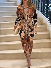 billige Boho-kjoler-Dame Midikjole Wrap-kjole Ferie Fritid Bohem utendørs Ut på byen Strand Løstsittende Blomstret Grafisk Paisly Langermet V-hals Oransje Sommer Vår