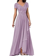 abordables Longueur du plancher-Ligne A Robe de Mère de Mariée  Élégant Simple Col en V Longueur au sol Chiffon Manche Courte avec Couleur Unie 2025