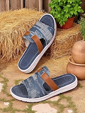 economico Sandali Casual-sandali slip-on in denim da donna con dettagli in similpelle, stile rustico chic da fattoria per barbecue in giardino, passeggiate in campagna e abbigliamento casual quotidiano