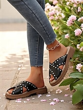 billige Uformelle sandaler-damesandaler med kryss og nagler, polstrede sandaler med åpen tå for festivaler, bassengkanten og helgeturer