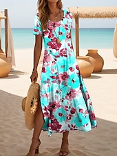 preiswerte Blumenkleider-Damen Midikleid Sommerkleid A Linie Kleid Urlaub Lässig Strand Täglich Ausgehen Normale Passform Blumen Grafik Kurzarm Rundhalsausschnitt Gelb Rosa Blau Purpur Sommer