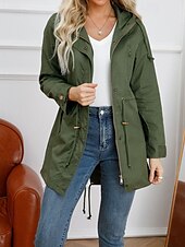 abordables Manteaux &amp; trenchs-Femmes Trench Chaud Confortable Fermeture éclair Avec Poches Mode Extérieur Uni Sortir Week-end Fermeture éclair Régulier À capuche Coupe régulière manche longue Vêtements d&#039;extérieur Noir Blanche