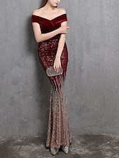 cheap RED-Mermaid / Trumpet Evening Gown Elegant Dress Formal Wedding Floor Length Short Sleeve Off Shoulder Velvet with Beading
