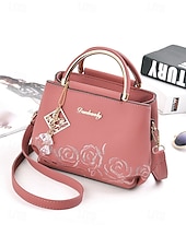 cheap Handbag &amp; Totes-Women&#039;s Embroidered Rose Tote Bag with Gold Top Handle and Shoulder Strap - Elegant Faux Leather Crossbody Bag for Commuter, Leisure and Weekend Outings