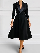 cheap Tea Length-A-Line Blazer Dress Mother of the Bride Dress Tuxedo Dress Elegant Simple Minimalist V Neck Peak Lapel Tea Length Midi Length Flap Pockets Stretch Crepe 3/4 Length Sleeve with Covered Buttons