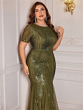 economico VERDE-Abiti da Mare  Tromba Taglia Plus Elegante Abito Curve Formale per Matrimonio Lunghezza Della Terra Manica Corto Collo A Giro Poliestere con Paillettes 2025
