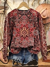 olcso Boho felsők-Női Pulóver pulóver Grafika Paisley Meleg Szüret Nyugati Hosszú ujj Terített nyak Normál felsők Utca Hétköznapi Szabadság Nyomtatott Arcpír rózsaszín Rubin Medence Fukszia Lóhere Tavasz Ősz Tél